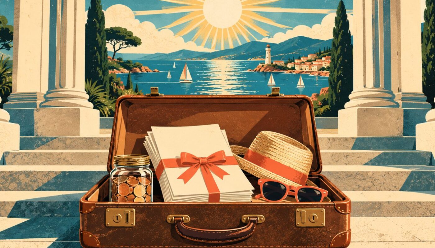 Valise ancienne en cuir ouverte sur les marches de pierre d’un bâtiment public aux hautes colonnes, contenant un fagot de bons de voyage vierges noué d’un ruban corail, un bocal de pièces, un chapeau de paille et des lunettes de soleil, avec une baie ensoleillée, un phare et des voiliers entre les colonnes, façon affiche de voyage.