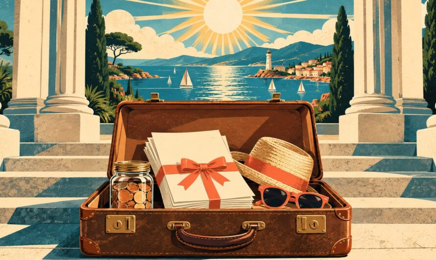 Valise ancienne en cuir ouverte sur les marches de pierre d’un bâtiment public aux hautes colonnes, contenant un fagot de bons de voyage vierges noué d’un ruban corail, un bocal de pièces, un chapeau de paille et des lunettes de soleil, avec une baie ensoleillée, un phare et des voiliers entre les colonnes, façon affiche de voyage.