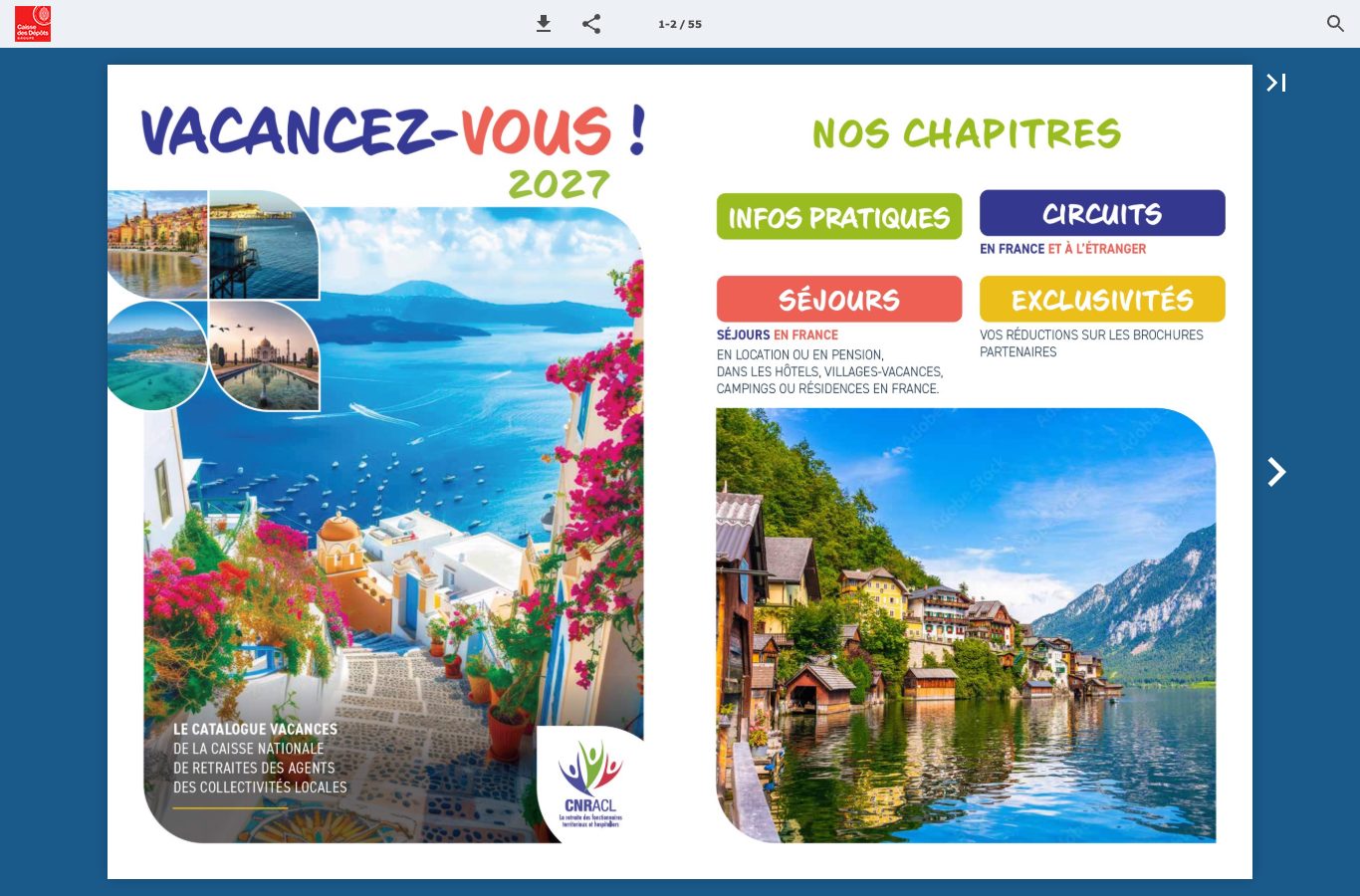 Ouverture du catalogue Vacancez-vous 2027 : à gauche la couverture, à droite les quatre chapitres, informations pratiques, séjours, circuits et exclusivités