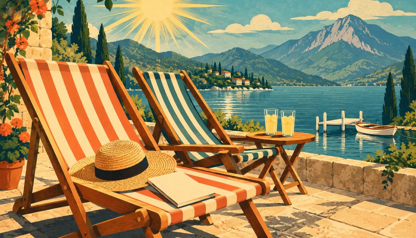 Deux chaises longues en bois et toile rayée sur une terrasse de pierre ensoleillée au-dessus d’un lac calme entouré de collines et d’une montagne, un chapeau de paille et une brochure fermée posés sur l’une d’elles, deux verres de citronnade sur une petite table, façon affiche de voyage