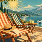 Deux chaises longues en bois et toile rayée sur une terrasse de pierre ensoleillée au-dessus d’un lac calme entouré de collines et d’une montagne, un chapeau de paille et une brochure fermée posés sur l’une d’elles, deux verres de citronnade sur une petite table, façon affiche de voyage