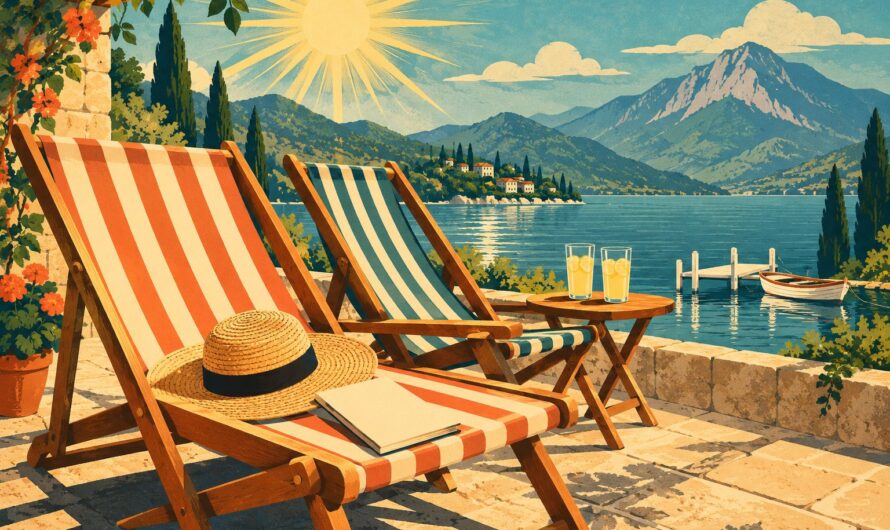 Deux chaises longues en bois et toile rayée sur une terrasse de pierre ensoleillée au-dessus d’un lac calme entouré de collines et d’une montagne, un chapeau de paille et une brochure fermée posés sur l’une d’elles, deux verres de citronnade sur une petite table, façon affiche de voyage