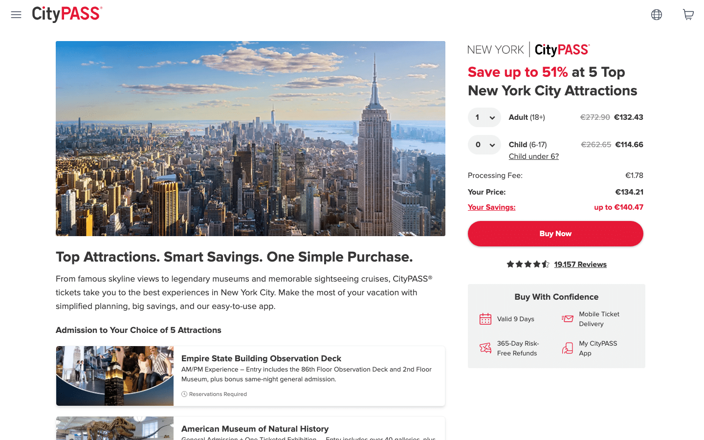 Page officielle du CityPASS New York listant les attractions incluses au choix, relevé du 5 octobre 2026