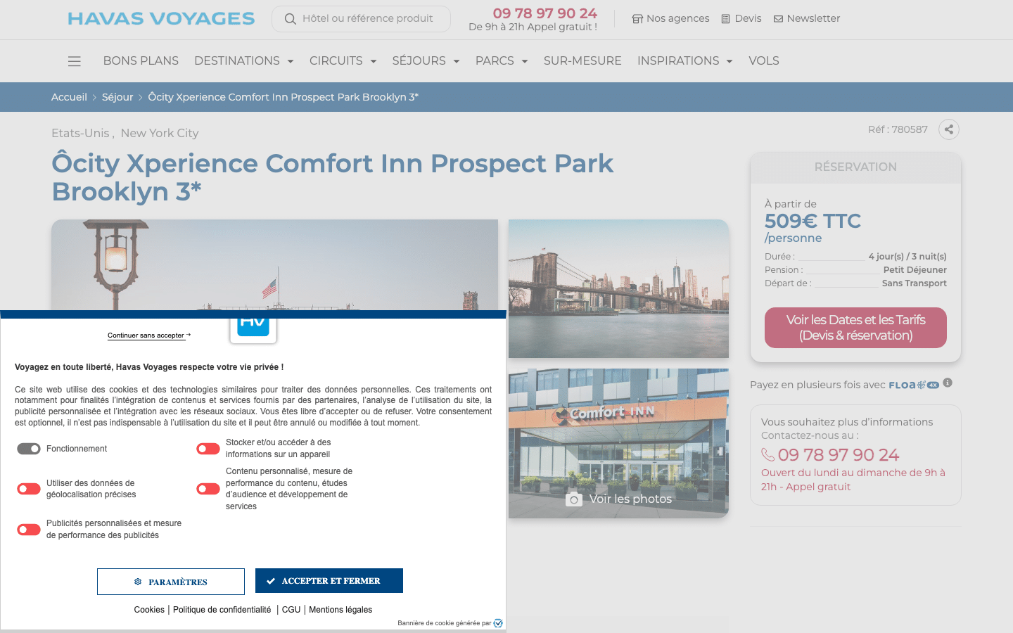 Fiche produit d'un forfait New York à 509 euros affichant durée 4 jours 3 nuits, pension petit déjeuner, départ sans transport, relevé du 5 octobre 2026