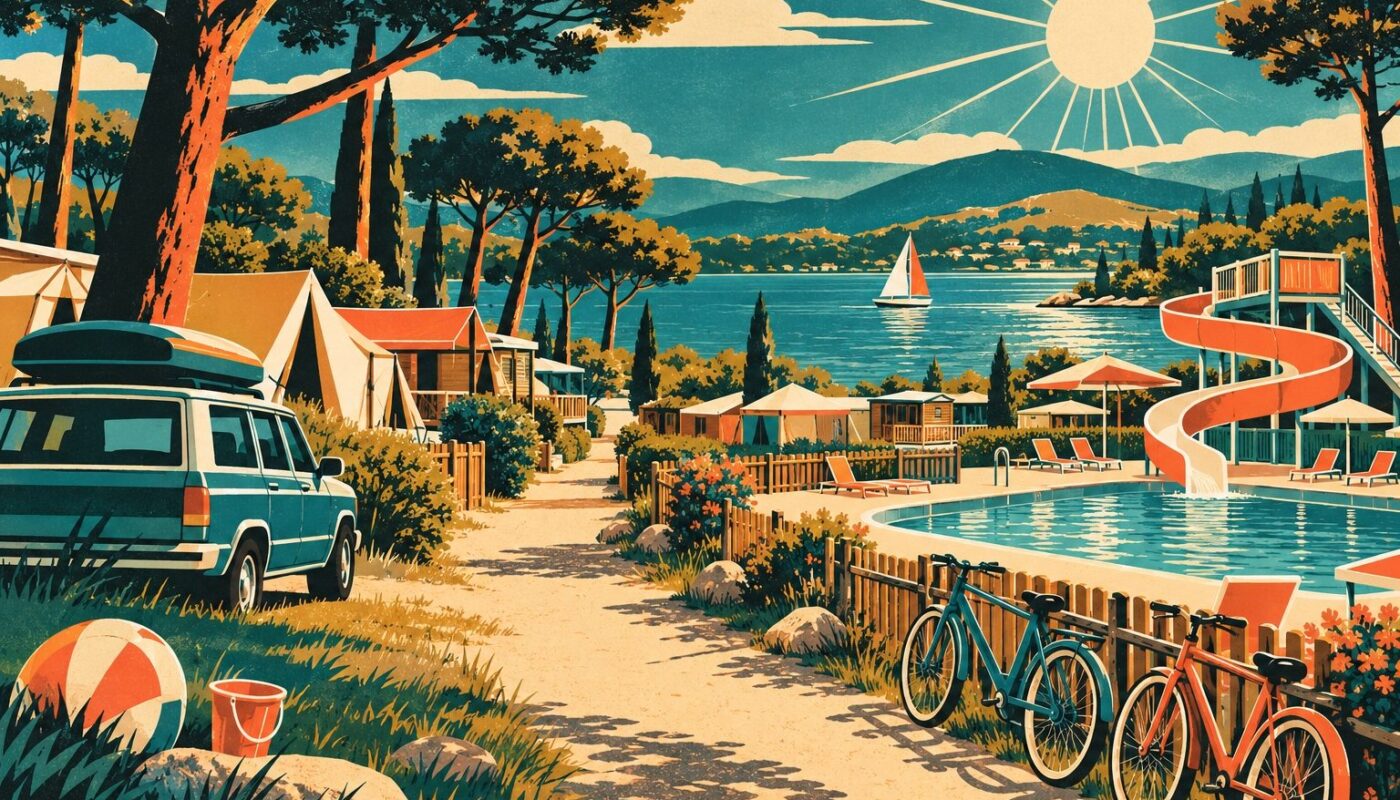 Affiche de voyage rétro d’un camping familial au bord d’un lac en été : un chemin de sable entre les pins mène à des tentes et à des chalets de bois, une piscine avec un toboggan courbe, deux vélos appuyés contre une clôture, une voiture avec un coffre de toit, un ballon de plage et un seau, un voilier sur le lac sous un soleil rayonnant.