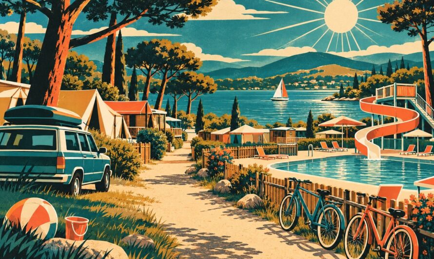 Affiche de voyage rétro d’un camping familial au bord d’un lac en été : un chemin de sable entre les pins mène à des tentes et à des chalets de bois, une piscine avec un toboggan courbe, deux vélos appuyés contre une clôture, une voiture avec un coffre de toit, un ballon de plage et un seau, un voilier sur le lac sous un soleil rayonnant.
