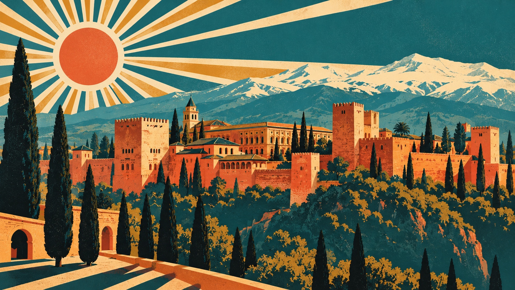Illustration façon affiche de voyage vintage des années 50 : l'Alhambra de Grenade sur sa colline, Sierra Nevada enneigée à l'arrière-plan, cyprès aux ombres longues et soleil rayonnant stylisé.