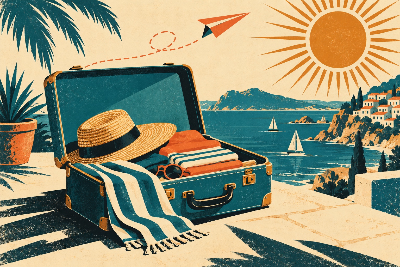 Illustration façon affiche de voyage vintage : valise ouverte remplie pour des vacances au soleil, chapeau de paille, serviette rayée et avion en papier dans un ciel à soleil rayonnant.