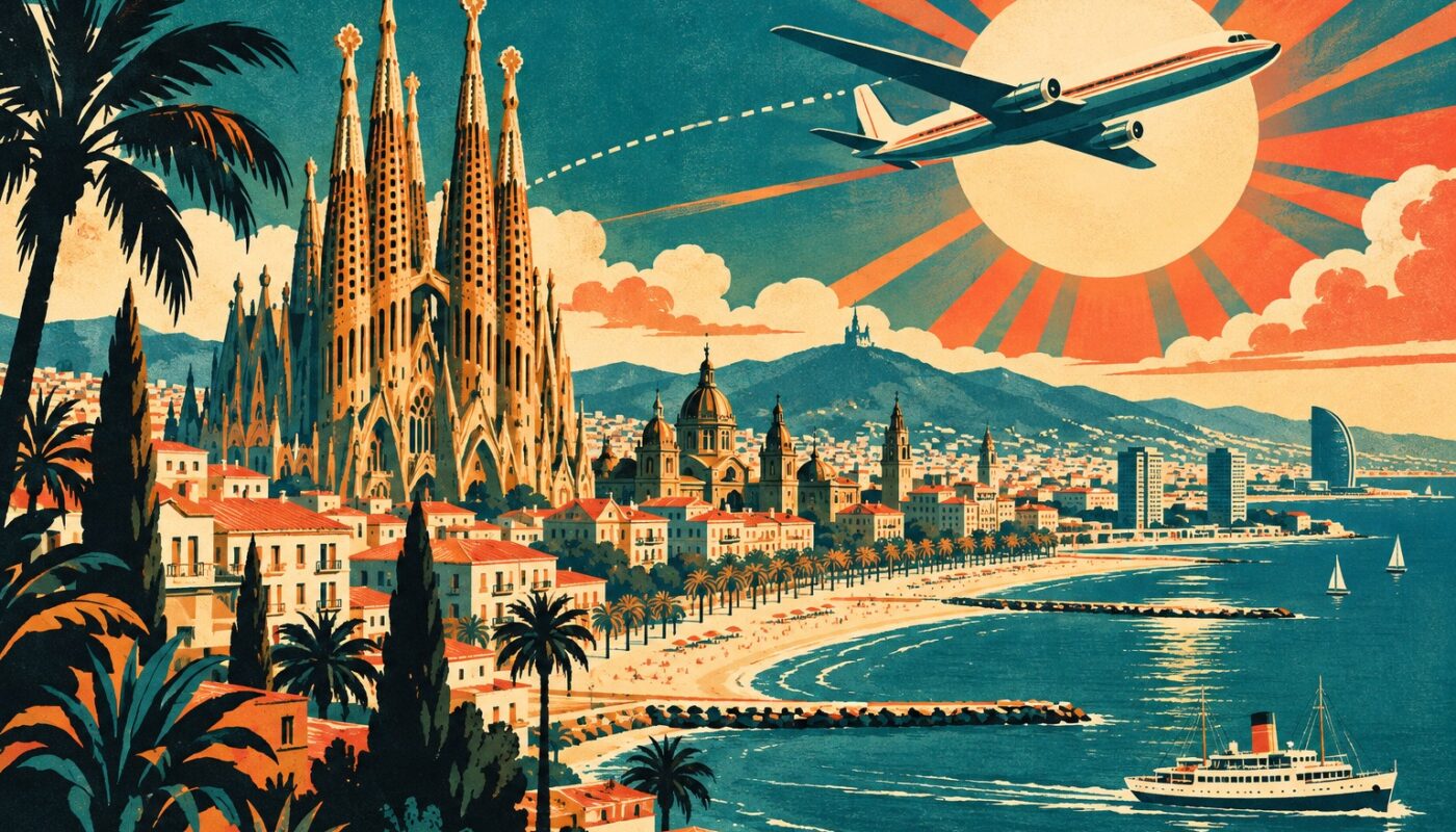 Affiche vintage de Barcelone : Sagrada Familia et dômes au bord de la Méditerranée, avion rétro et soleil rayonnant