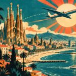 Affiche vintage de Barcelone : Sagrada Familia et dômes au bord de la Méditerranée, avion rétro et soleil rayonnant