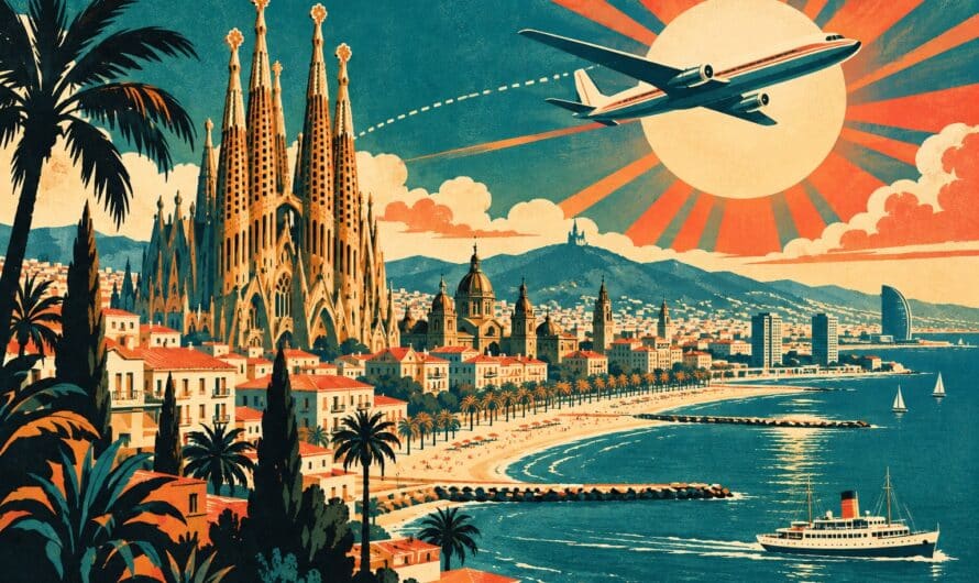 Affiche vintage de Barcelone : Sagrada Familia et dômes au bord de la Méditerranée, avion rétro et soleil rayonnant