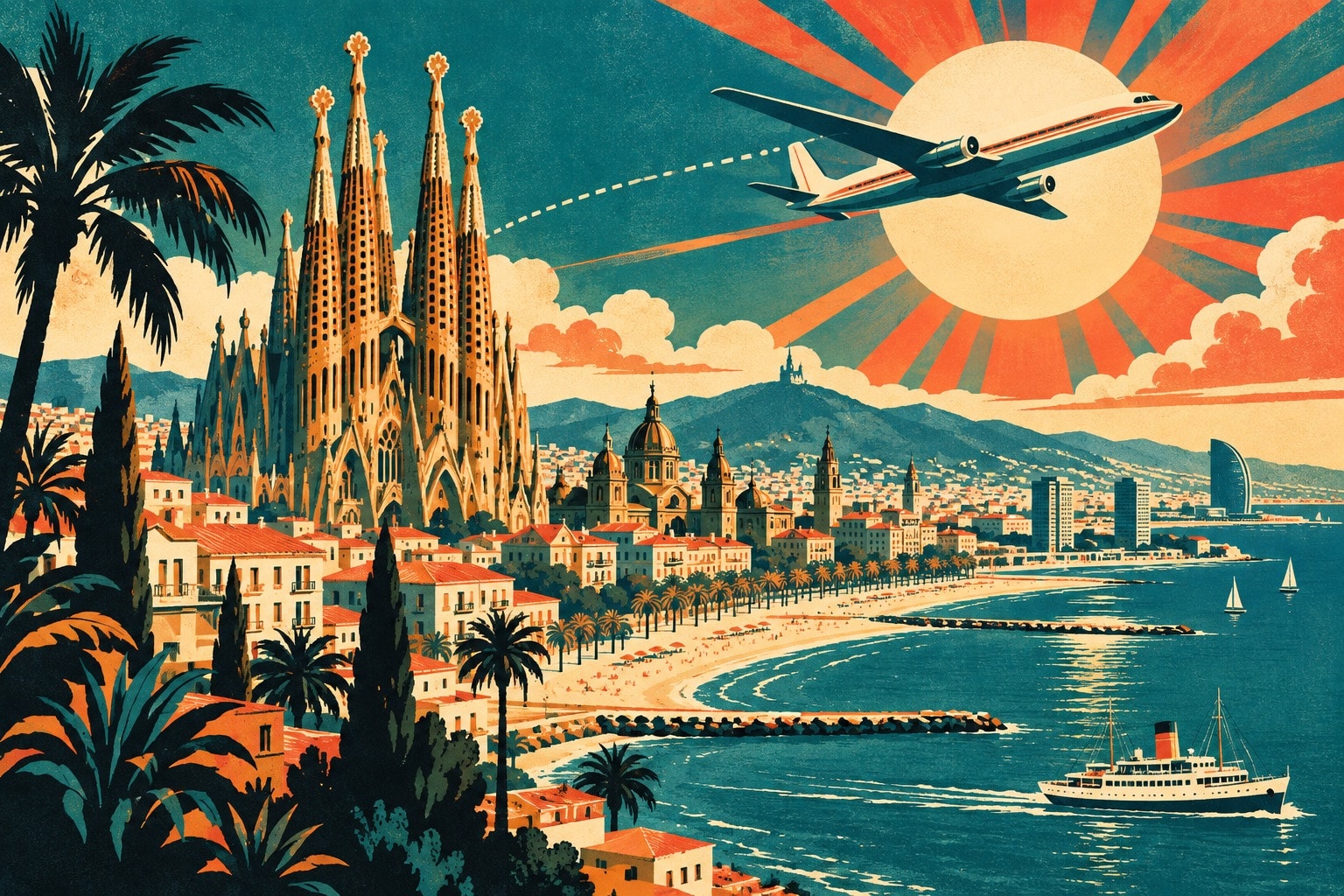 Affiche vintage de Barcelone : Sagrada Familia et dômes au bord de la Méditerranée, avion rétro et soleil rayonnant