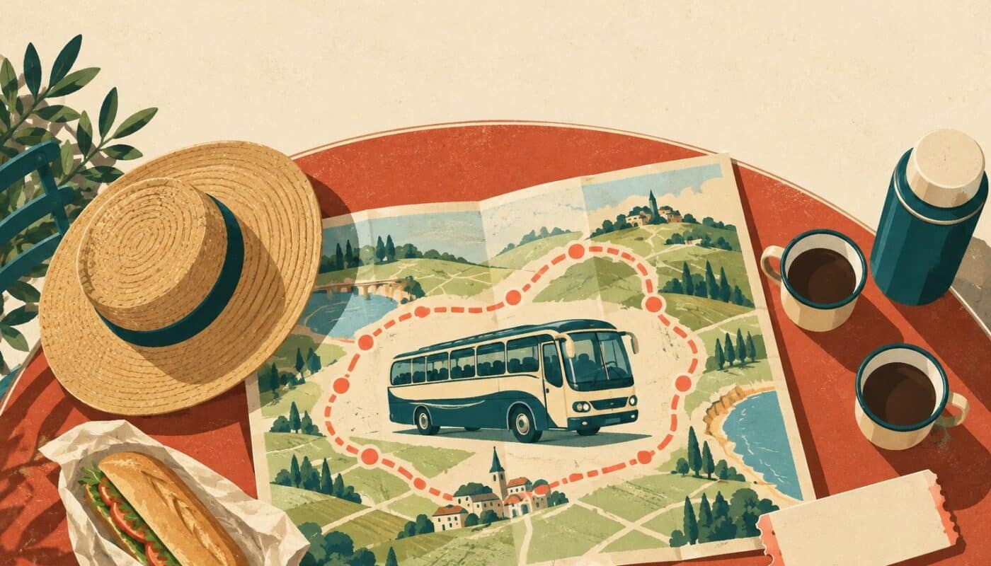 Affiche de voyage sérigraphiée, table de café vue de dessus : un autocar vintage bleu canard et crème dessiné sur une carte pliée, une route en pointillés corail qui part d’une petite ville et y revient en boucle, un chapeau de paille, un thermos, deux tasses, un sandwich emballé et un billet vierge.