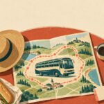 Affiche de voyage sérigraphiée, table de café vue de dessus : un autocar vintage bleu canard et crème dessiné sur une carte pliée, une route en pointillés corail qui part d’une petite ville et y revient en boucle, un chapeau de paille, un thermos, deux tasses, un sandwich emballé et un billet vierge.