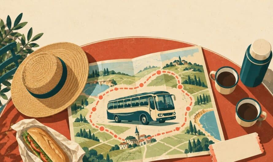 Affiche de voyage sérigraphiée, table de café vue de dessus : un autocar vintage bleu canard et crème dessiné sur une carte pliée, une route en pointillés corail qui part d’une petite ville et y revient en boucle, un chapeau de paille, un thermos, deux tasses, un sandwich emballé et un billet vierge.