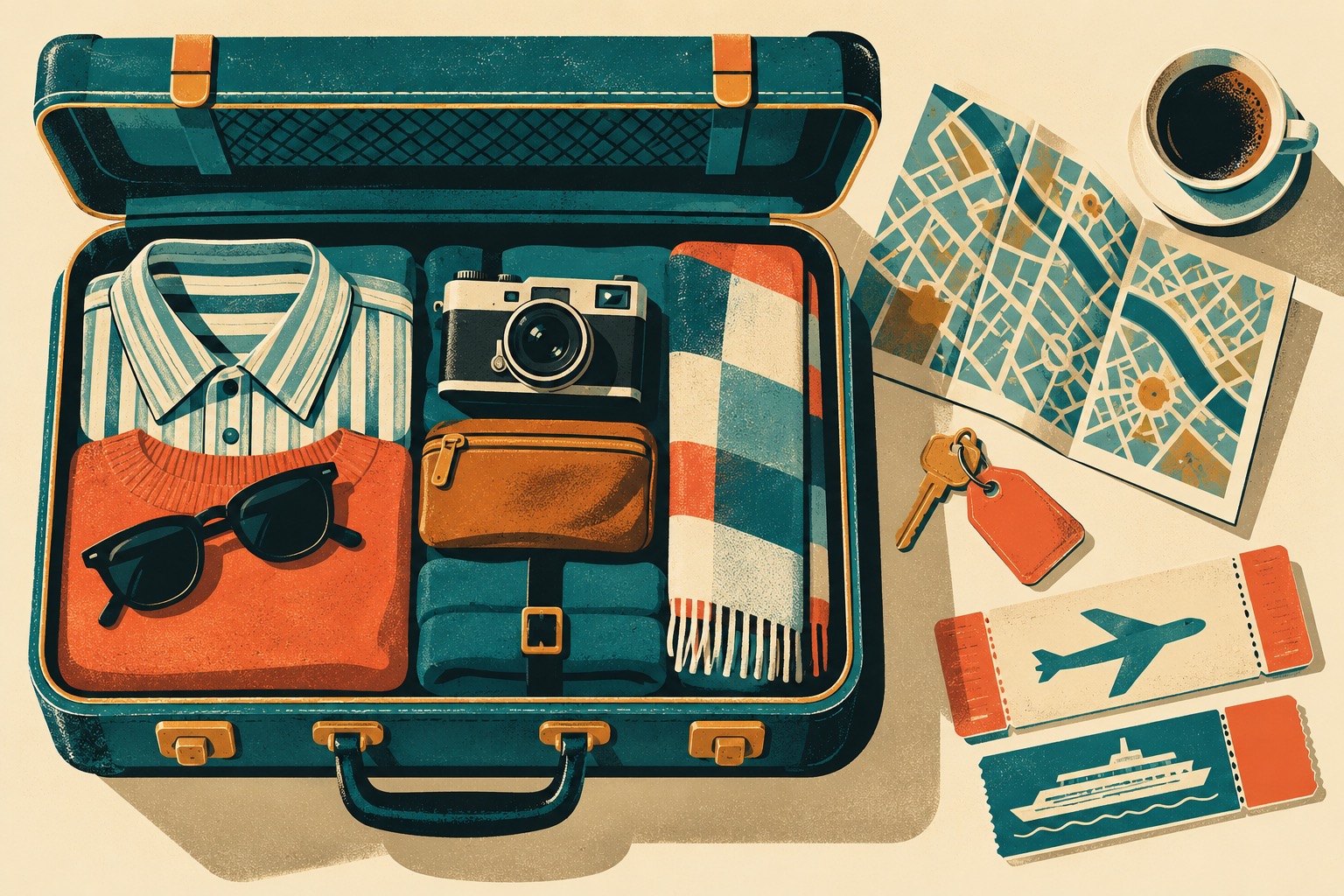 Illustration style affiche de voyage des annees 50 d'une valise ouverte préparée pour un séjour urbain, sans texte