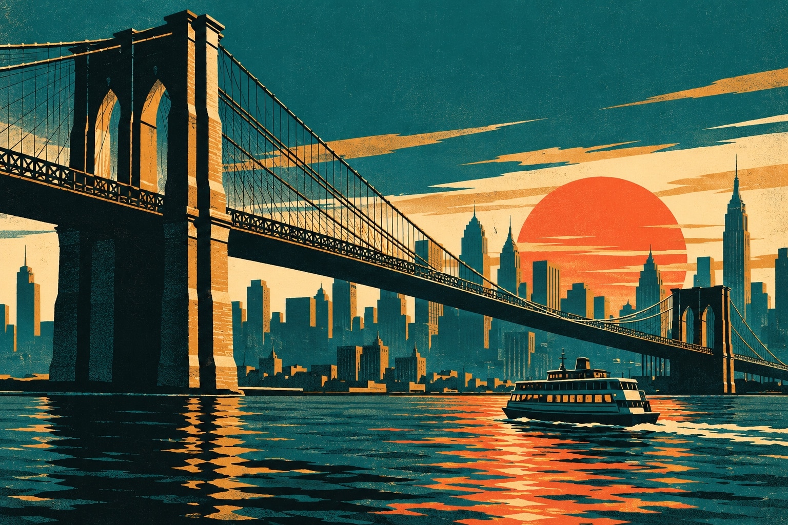 Illustration style affiche de voyage des annees 50 du pont de Brooklyn au crepuscule avec soleil stylise, sans texte