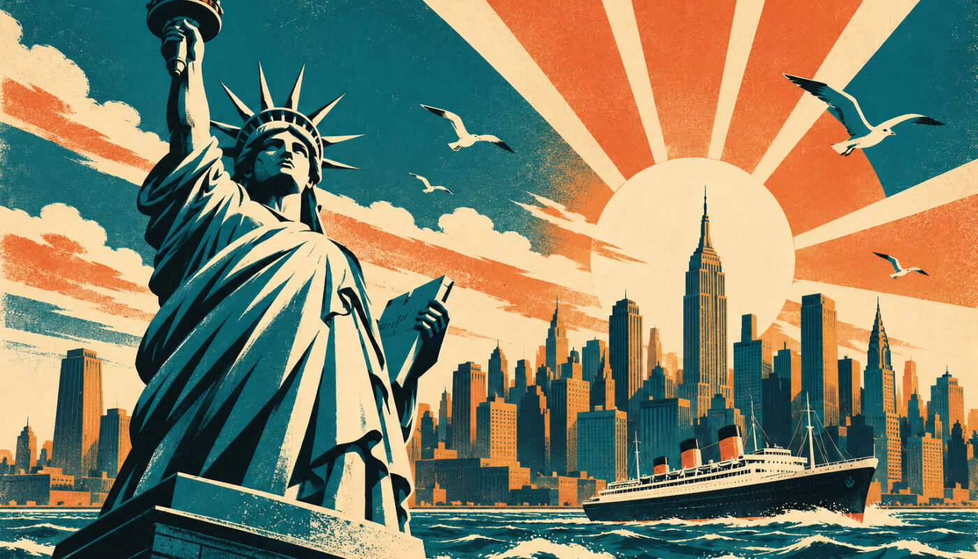 Affiche de voyage vintage des années 50 : Statue de la Liberté au premier plan, skyline de Manhattan, bateau, style sérigraphie sans texte