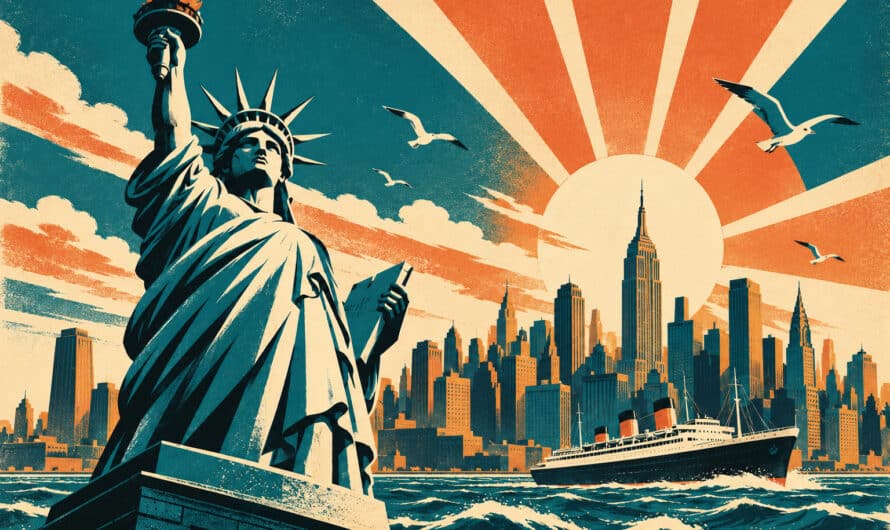 Affiche de voyage vintage des années 50 : Statue de la Liberté au premier plan, skyline de Manhattan, bateau, style sérigraphie sans texte