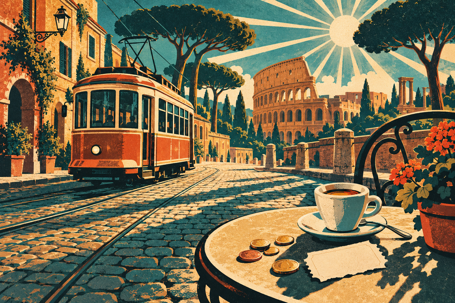Affiche vintage des années 50 : tram romain stylisé, table de café avec tasse d'espresso, pièces et billet d'entrée découpé, rue pavée et pins