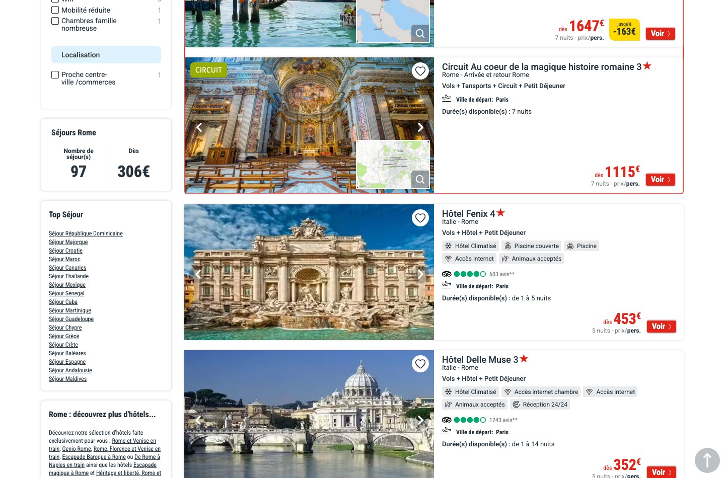 Capture d'écran de la page Fram Séjours Rome le 1er octobre 2026 : compteur 97 séjours, prix dès 306 euros