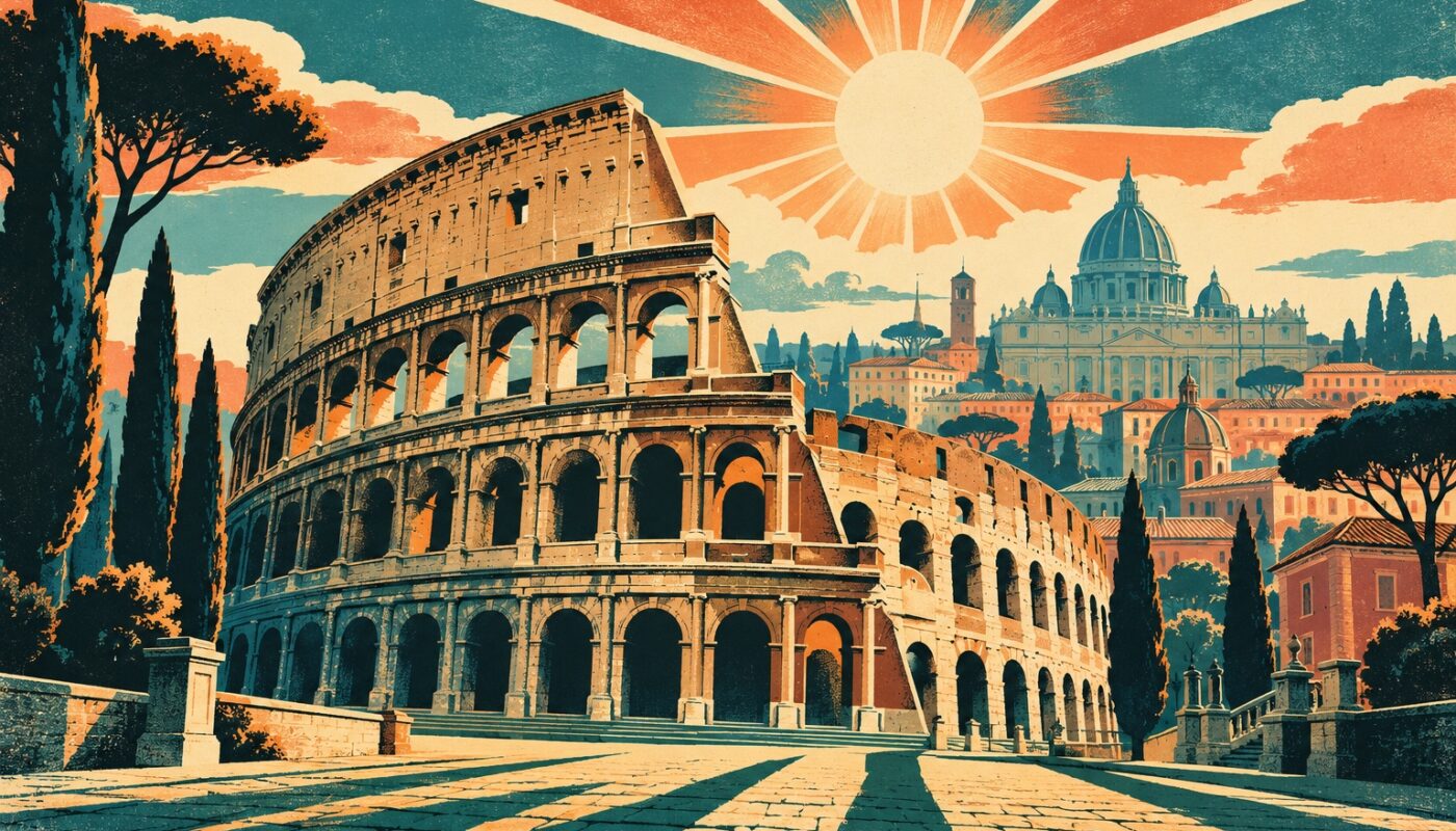Affiche vintage de Rome: le Colisée en contre-plongée, dôme de Saint Pierre et toits romains, soleil rayonnant