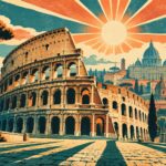 Affiche vintage de Rome: le Colisée en contre-plongée, dôme de Saint Pierre et toits romains, soleil rayonnant