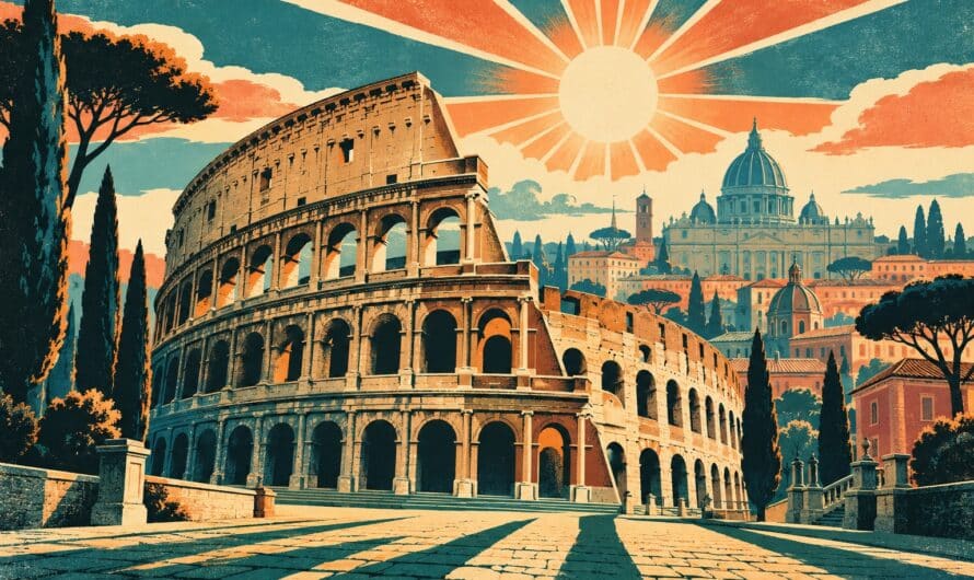 Affiche vintage de Rome: le Colisée en contre-plongée, dôme de Saint Pierre et toits romains, soleil rayonnant