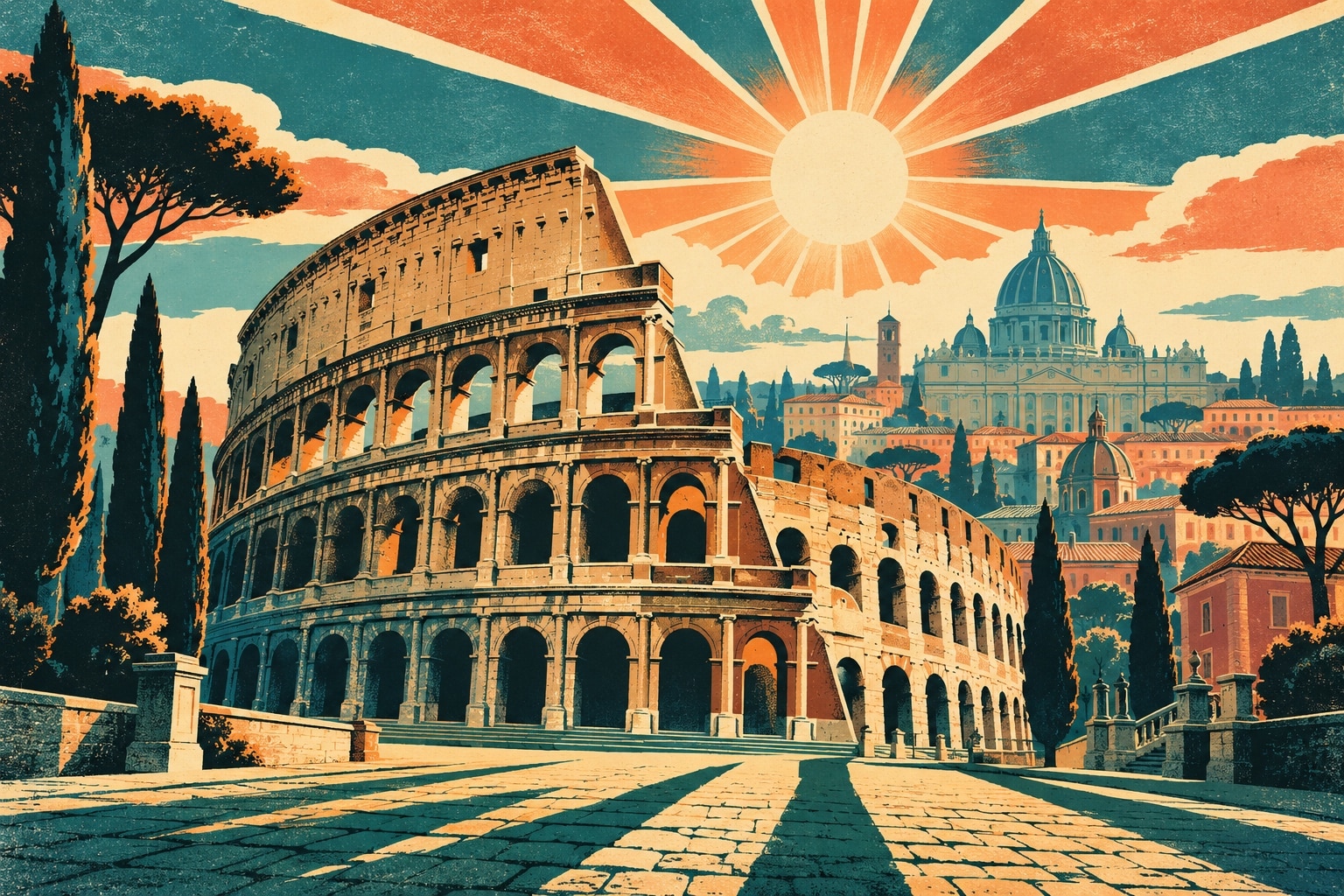 Affiche vintage de Rome: le Colisée en contre-plongée, dôme de Saint Pierre et toits romains, soleil rayonnant